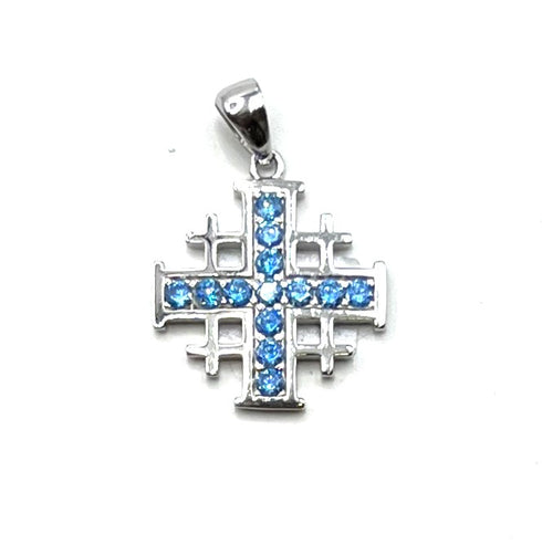 Sterling Silver With Colored Stone Jerusalem Cross Pendant